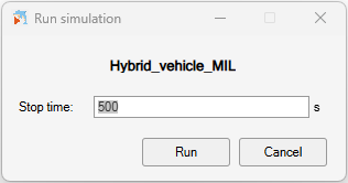 Run simulation dialog showing the model name, stop time and Run button