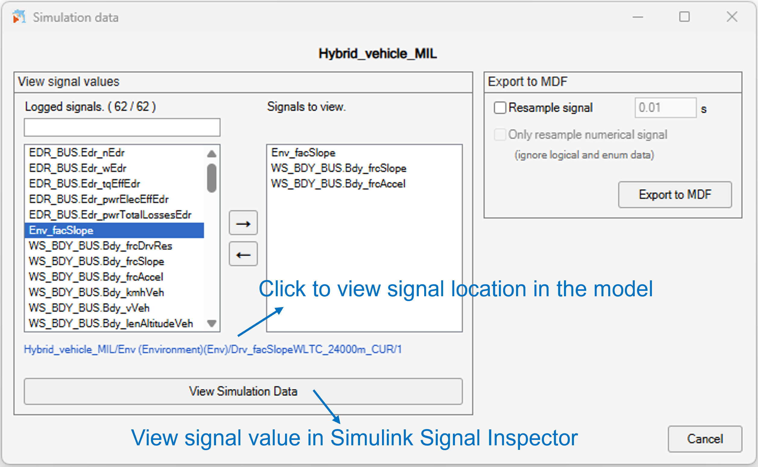 Simulation data window with available signals, signals selected for viewing and MDF export options